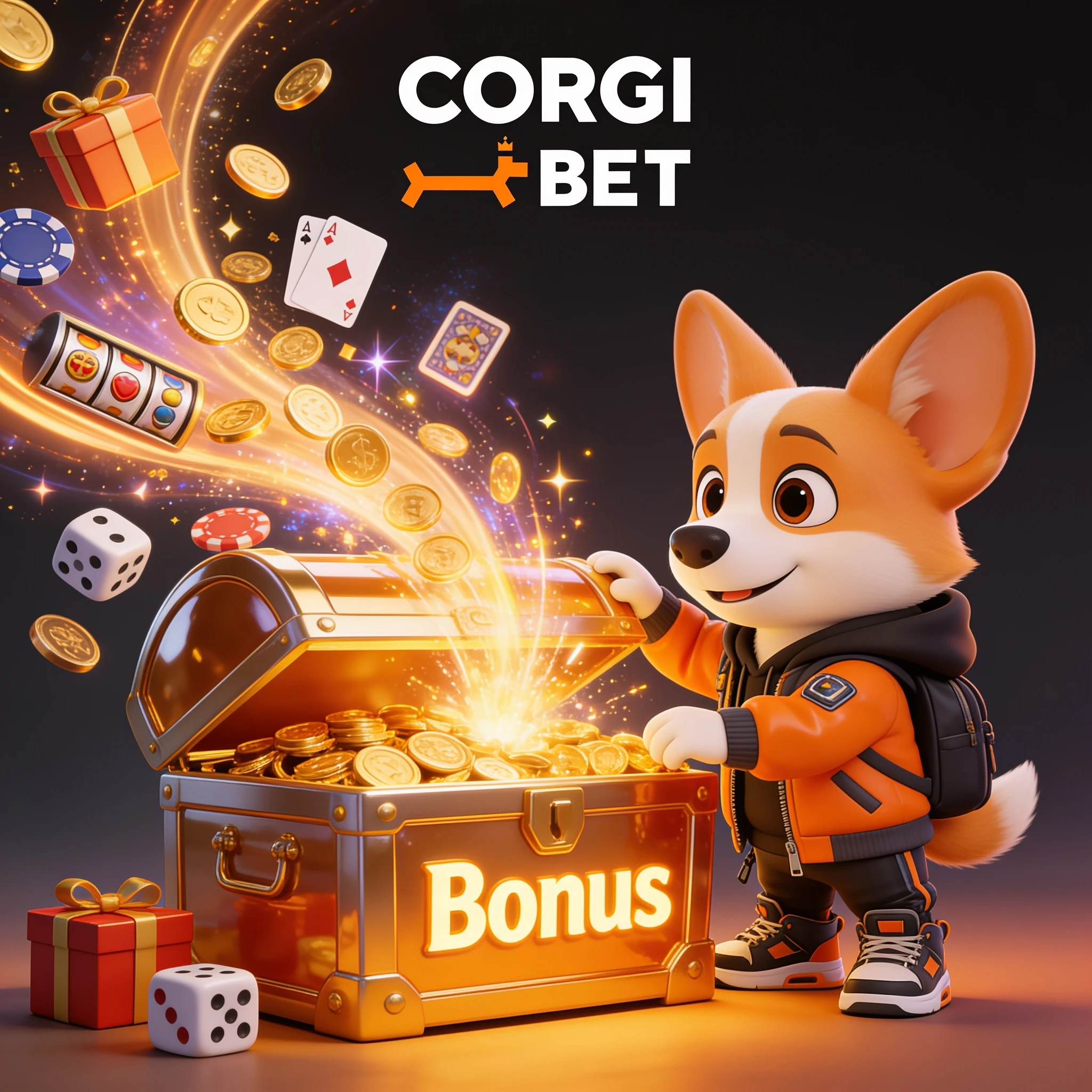 Mascotte CorgiBet devant un coffre de bonus