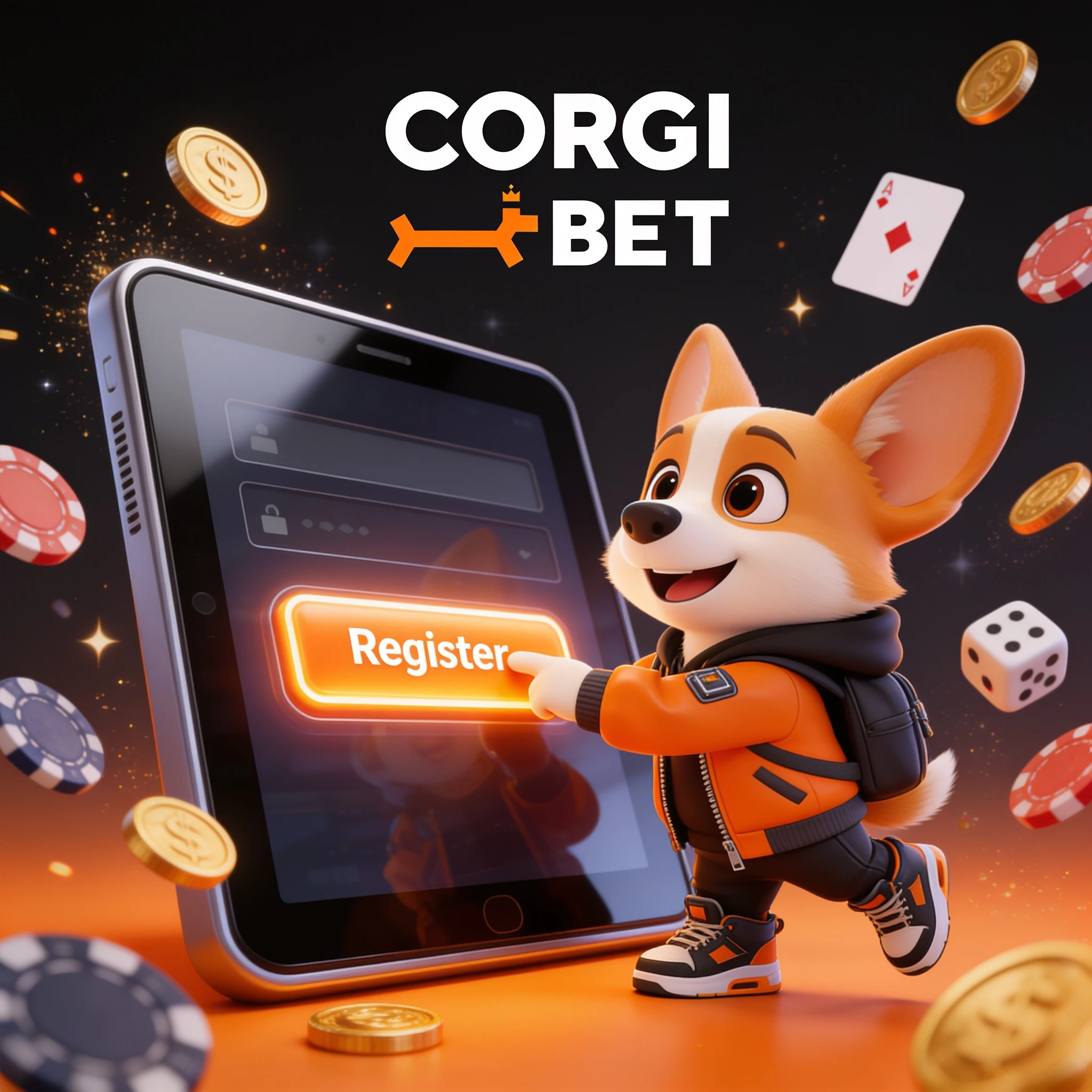 Mascotte CorgiBet devant le formulaire d’inscription