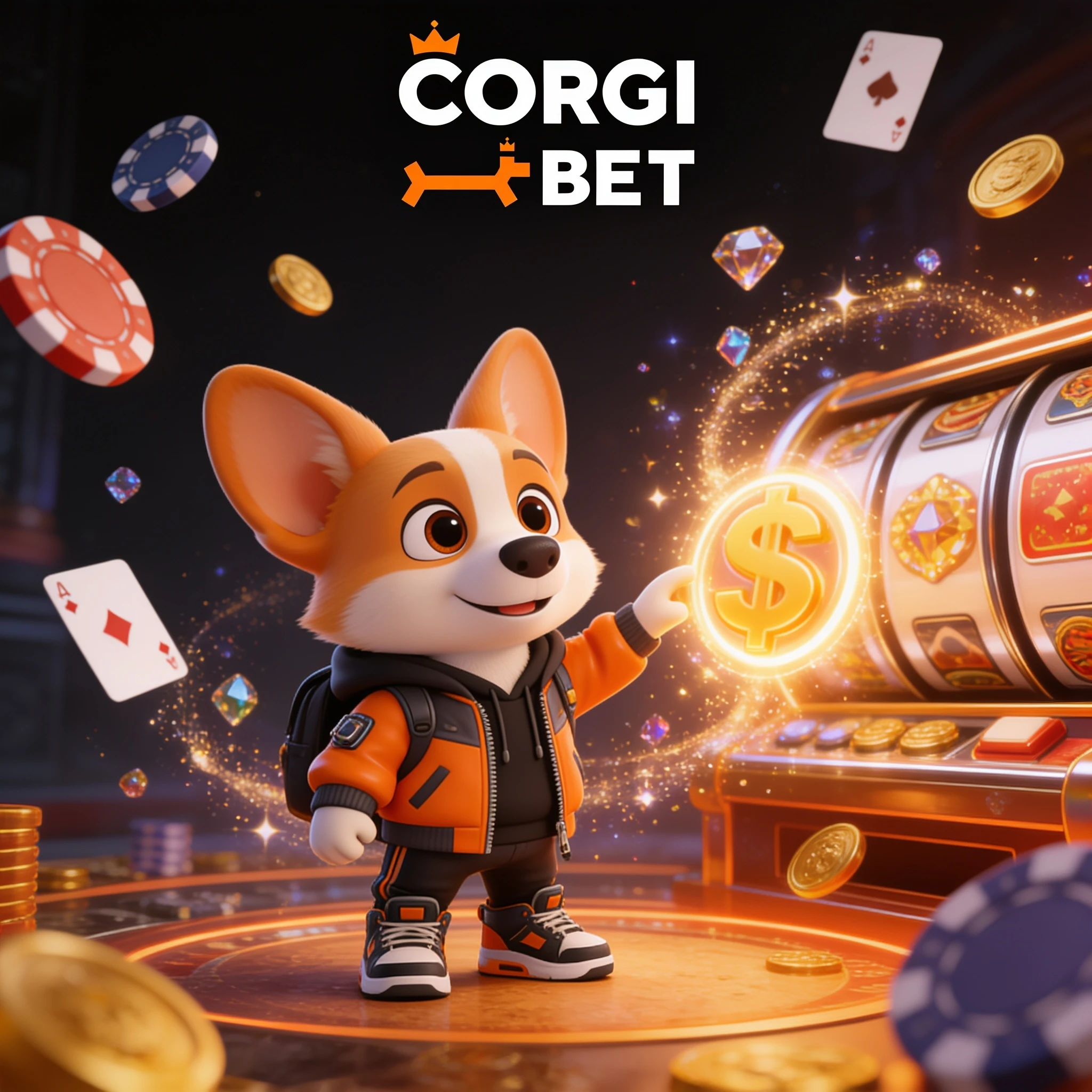 Mascotte CorgiBet devant une machine à sous